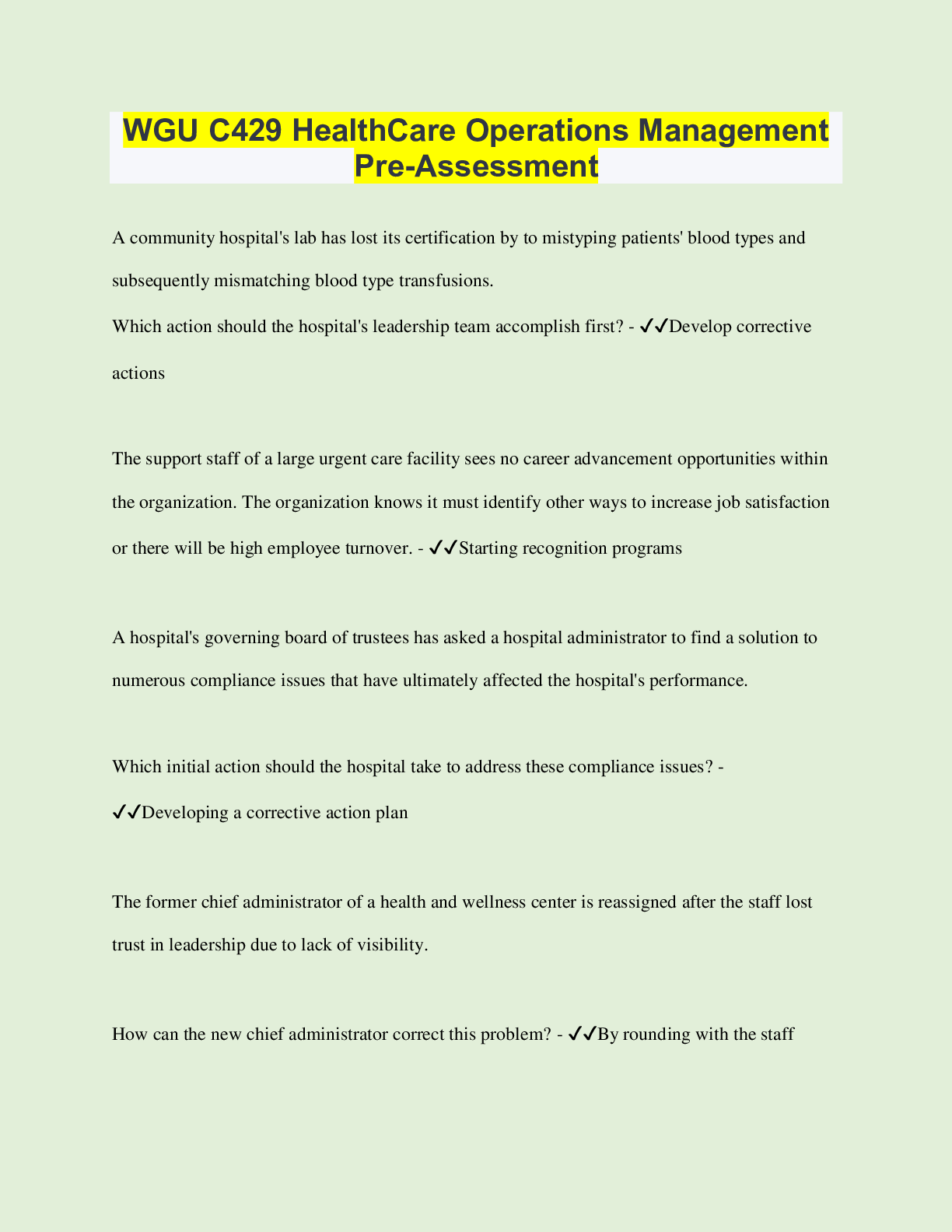 Preview of WGU C429 HealthCare Operations Management – Pre-Assessment | Questions with 100% Correct A
